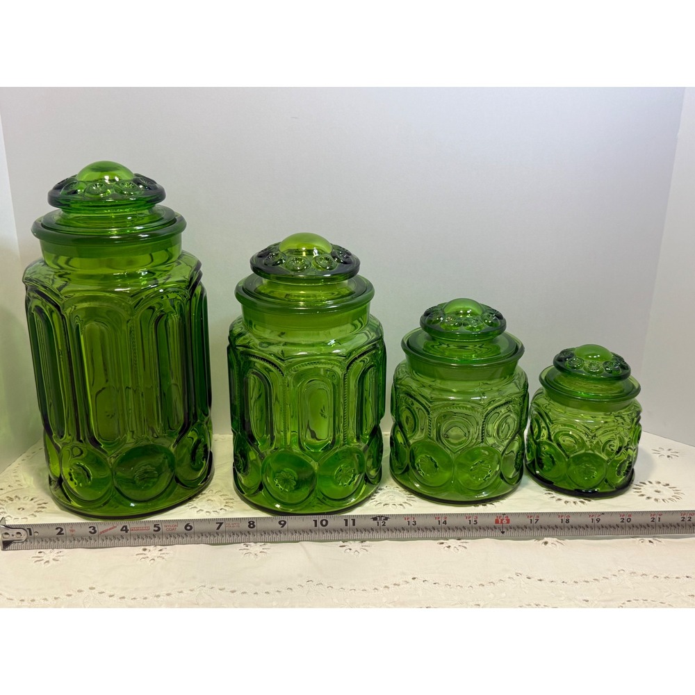 Vintage LE Smith Moon and Star Green Glass Canister Set 4 Piece Apothecary Jars - Picture 15 of 16